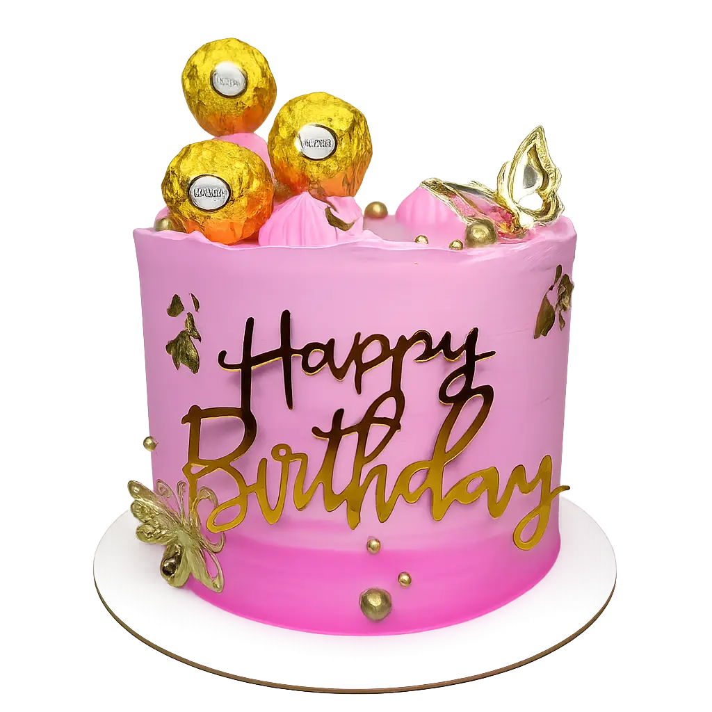 Pastel de cumpleaños rosado  con dorado elegante, elaborado por Pasteleria Capital Tarta 