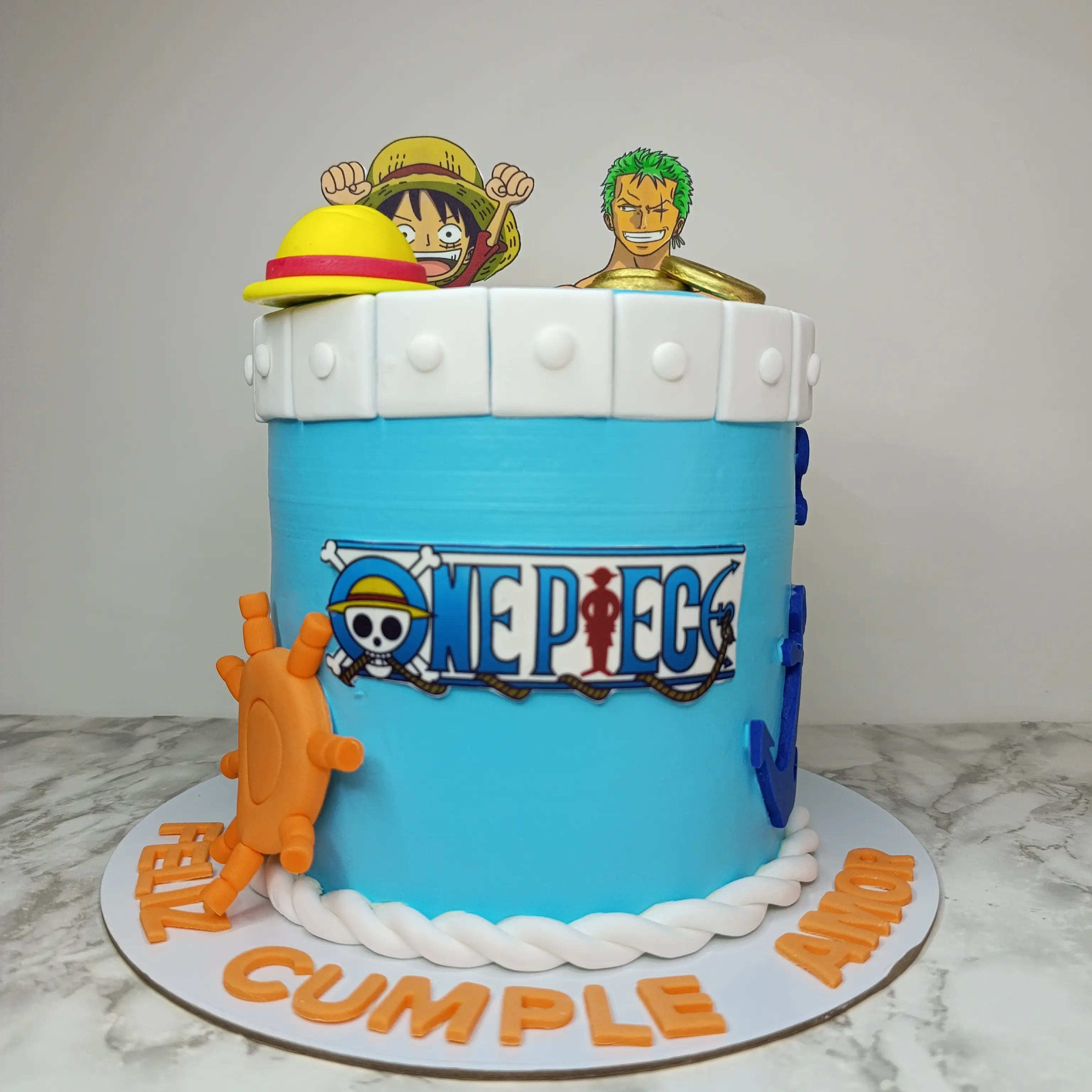 Pastel personalizado para fiesta infantil detalles en fondant , tematica de One Piece , elaborado Pasteleria por Capital Tarta